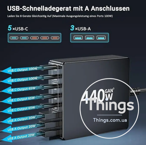 Блок живлення заряджання HSSNS USB C Multiple 440 Вт 8 портів K1-000021 фото