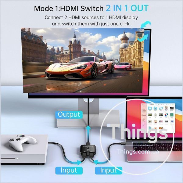 HDMI перемикач ACASIS 2-в-1/1-в-2 HDMI 2.0 (4K@60 Гц, HDR, 3D, 18 Гбіт/с) для PS5/PS4/PS3, Xbox, Blu-ray, Fire Stick, Roku, чорний K1-000741 фото