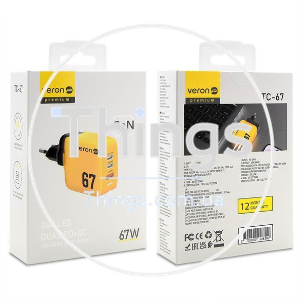Home Charger | 67W | GaN | PPS | 2 PD | QC3.0 LED &mdash; Veron TC-67 К2-000075653 фото