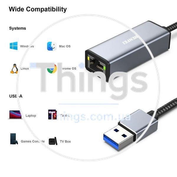 Адаптер переходник сетевая карта BENFEI B317 USB на RJ45 Gigabit Ethernet LAN без драйверов для ноутбука MacBook Surface Pro Win K1-000553 фото