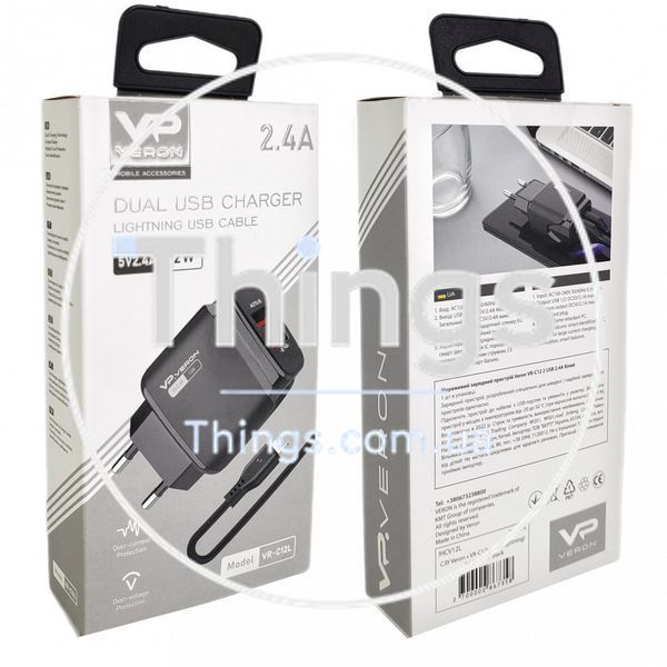 Home Charger 2.4A 2U Lightning Cable (1m) Veron VR-C12L &mdash; White К2-000072292 фото