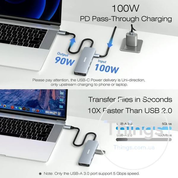 Адаптер хаб док-станція BENFEI 5in1 (000360)USB-C HDMI 4K з 3 портами USB-A PD 100Вт плетеним кабелем алюмінієвий корпус K1-000598 фото