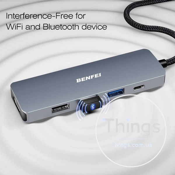 Адаптер хаб док-станція BENFEI 5in1 (000360)USB-C HDMI 4K з 3 портами USB-A PD 100Вт плетеним кабелем алюмінієвий корпус K1-000598 фото
