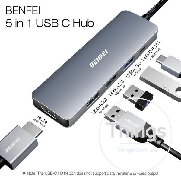 Адаптер хаб док-станція BENFEI 5in1 (000360)USB-C HDMI 4K з 3 портами USB-A PD 100Вт плетеним кабелем алюмінієвий корпус K1-000598 фото