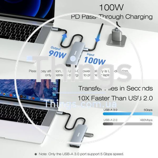 Адаптер хаб док-станция BENFEI 5in1 (000360)USB-C HDMI 4K с 3 портами USB-A PD 100Вт плетеным кабелем алюминиевый корпус K1-000598 фото