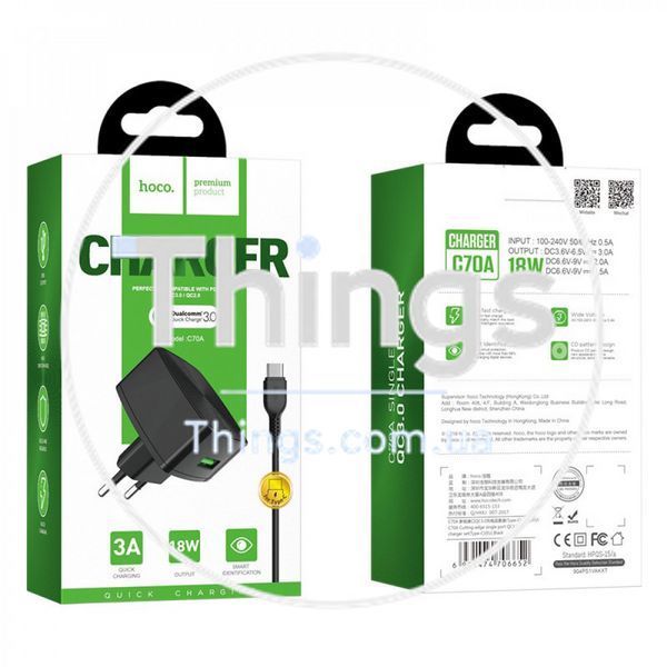Home Charger | 18W | QC3.0 | USB C Cable (1m) &mdash; Hoco C70A &mdash; Black K2-000068586 фото