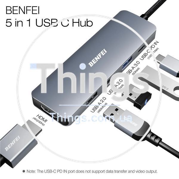 Адаптер хаб док-станция BENFEI 5in1 (000360)USB-C HDMI 4K с 3 портами USB-A PD 100Вт плетеным кабелем алюминиевый корпус K1-000598 фото