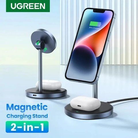 Магнітна бездротова зарядна підставка 2-в-1 Ugreen CD317 20W для iPhone 16 15 14 Pro Max / iPhone 13 Сірий (90668) K1-000493 фото