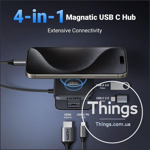 Хаб UGREEN Revodok 35590, 4-в-1 USB-C Hub, магнітний, HDMI 4K@60Hz, 100W PD, USB-A 10Gbps, USB-C 5Gbps, портативний. Уцінка K1-000859 фото