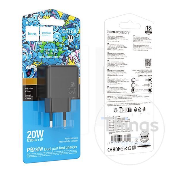 Мережевий Зарядний Пристрій Hoco CS16A 1USB-C/1IP PD/QC 20W Од1-00045146 фото