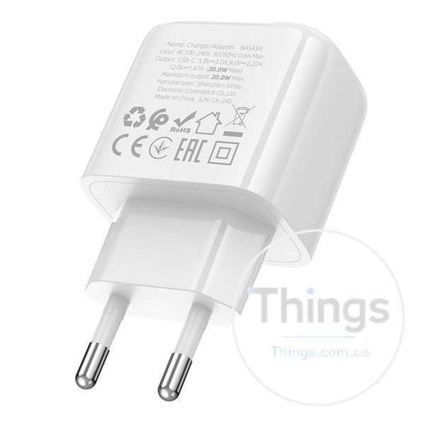 Мережевий Зарядний Пристрій Borofone BAS43A 1USB-C PD/QC 20W Од1-00044529 фото
