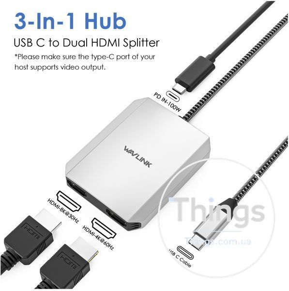 Хаб, Док-станція, Перехідник WAVLINK WL-UMD320, 3-In-1 USB-C to HDMI Dual Display Adapter, Single 8K@30Hz/4K@120Hz Dual 4K@60Hz K1-000223 фото