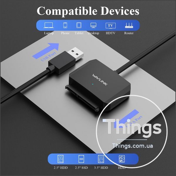 Адаптер Wavlink WL-ST345AP USB 3.0 &rarr; SATA з блоком живлення 12В 2А &mdash; для SSD/HDD 2.5"/3.5", чорний, LED-індикатор K1-000788 фото