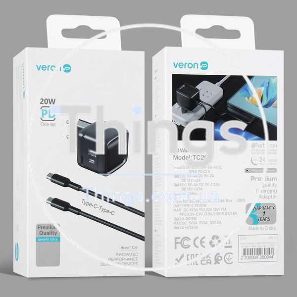 Home Charger | 20W | QC3.0 | Type C To Type C Cable (1m) &mdash; Veron TC20 К2-000079031 фото