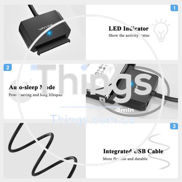 Адаптер Wavlink WL-ST345AP USB 3.0 &rarr; SATA с блоком питания 12В 2А &ndash; для SSD/HDD 2.5"/3.5", черный, LED индикатор K1-000788 фото