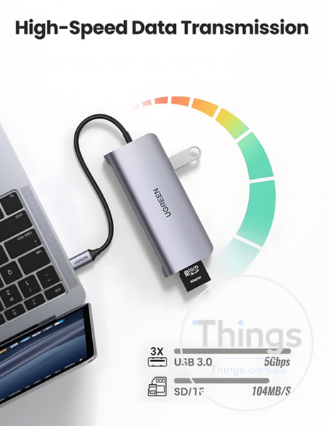 Док-станція Хаб Ugreen CM179 USB 3.0 Type-C HDMI VGA TRS RJ-45 SD TF PD Gray 4K K1-000128 фото