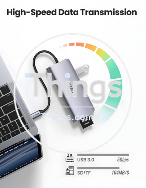 Док-станция Хаб Ugreen CM179 USB 3.0 Type-C HDMI VGA TRS RJ-45 SD TF PD Gray 4K K1-000128 фото