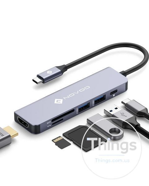 Док-станція Хаб USB-C NOVOO R6 PD 6в1 з адаптером HDMI 4K 2 порти USB 3.0 пристрій для читання карт Micro SD слот для карт TF K1-000582 фото