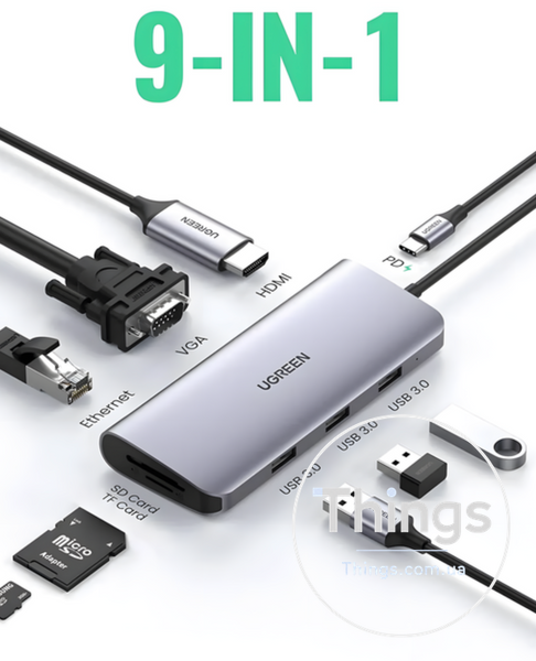 Док-станція Хаб Ugreen CM179 USB 3.0 Type-C HDMI VGA TRS RJ-45 SD TF PD Gray 4K K1-000128 фото