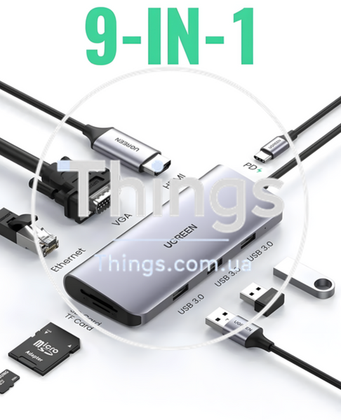 Док-станция Хаб Ugreen CM179 USB 3.0 Type-C HDMI VGA TRS RJ-45 SD TF PD Gray 4K K1-000128 фото