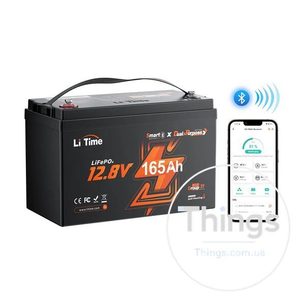 Акумуляторна батарея літій-залізо-фосфатна з Bluetooth та підігрівом стартерна / тягова 12.8В 165А*год LiFePO4 LiTime Dual Purpose L12V165-150-DP-BT-CCA1K2-4-A100 K3-44-00532 фото