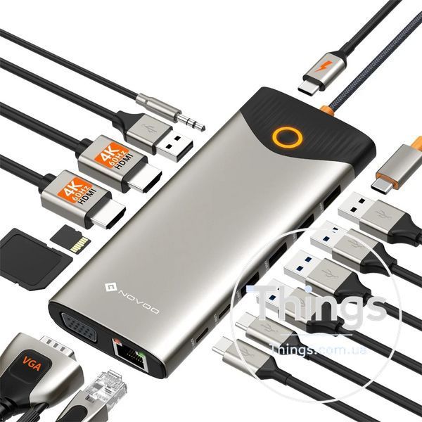 Док-станція Хаб USB-C NOVOO TM15 для ноутбука 15-в-1 з 3 моніторами 2 портами HDMI VGA USB C/A 100 Вт RJ45 SD/TF аудіо K1-000581 фото