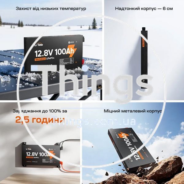 Акумуляторна батарея літій-залізо-фосфатна 12.8В 100А*год LiFePO4 LiTime Slim 12V100-100-SLIM-LTCP-4-SE100 ультратонка K3-44-00531 фото