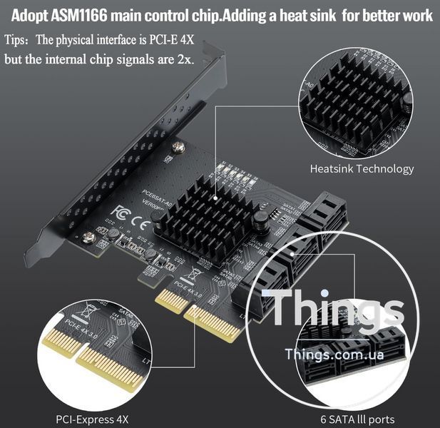 Плата розширення 6 SATA 3,0 7-контактний роз'єм для PCI Express 4X PCI-E X4 Контролер Riser мапа ASM1166 6 Гбіт/с K1-000296 фото