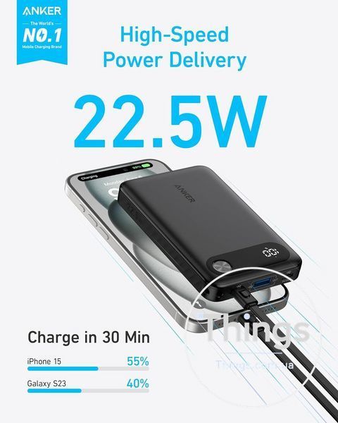 Портативний павербанк Power Bank Anker A1257 10000 mAh 22,5W USB-A USB-C Black з вбудованим кабелем USB-C та шнурком K1-000607 фото