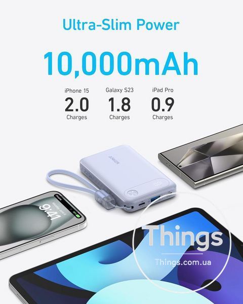 Портативний павербанк Power Bank Anker A1257 10000 mAh 22,5W USB-A USB-C Black з вбудованим кабелем USB-C та шнурком K1-000607 фото
