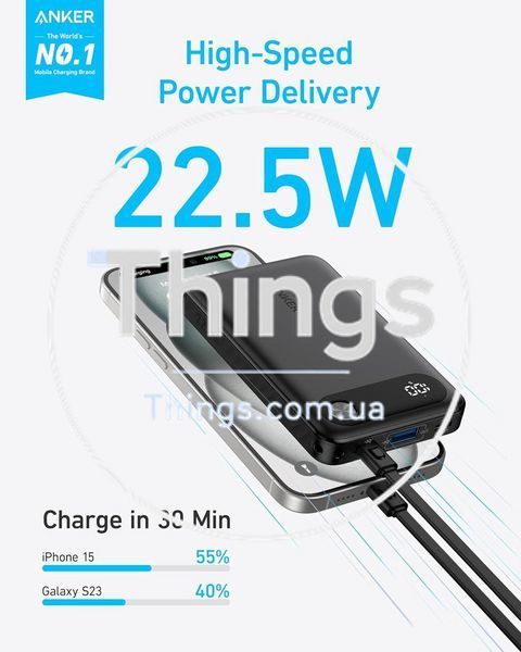 Портативный павербанк Power Bank Anker A1257 10000 mAh 22,5W USB-A USB-C Black со встроенным кабелем USB-C и шнурком K1-000607 фото