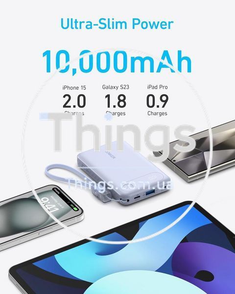 Портативный павербанк Power Bank Anker A1257 10000 mAh 22,5W USB-A USB-C Black со встроенным кабелем USB-C и шнурком K1-000607 фото