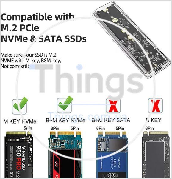 Корпус для ssd m2 nvme 2230 2242 2260 2280 usb 31 gen2 10гбитс прозрачный внешний адаптер ssd m-ключ K1-000728 фото