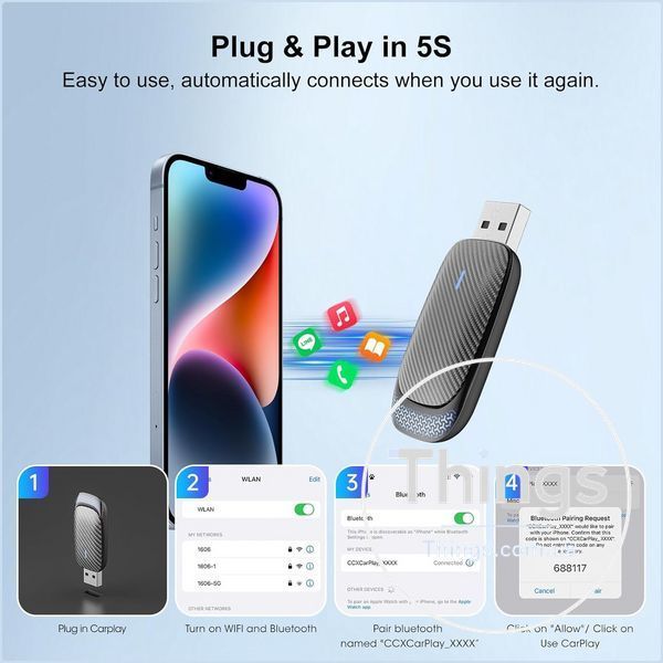 Адаптер FEisca CP-01x, Wireless CarPlay для iPhone, Bluetooth 5.3, WiFi 2.4/5.8G, A9, Plug&Play, чорний K1-000838 фото