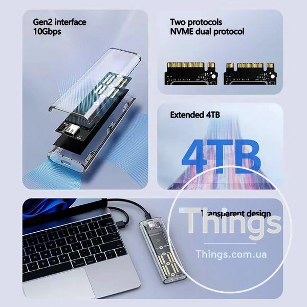 Корпус для ssd m2 nvme 2230 2242 2260 2280 usb 31 gen2 10гбітс прозорий зовнішній адаптер ssd m-ключ K1-000728 фото