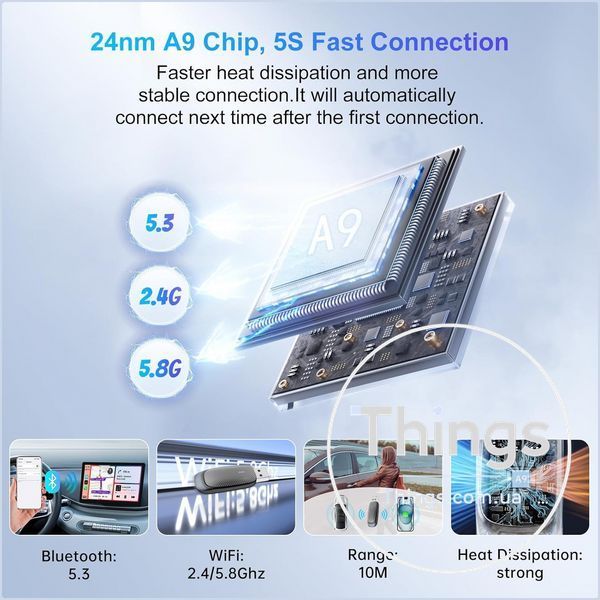 Адаптер FEisca CP-01x, Wireless CarPlay для iPhone, Bluetooth 5.3, WiFi 2.4/5.8G, A9, Plug&Play, чорний K1-000838 фото