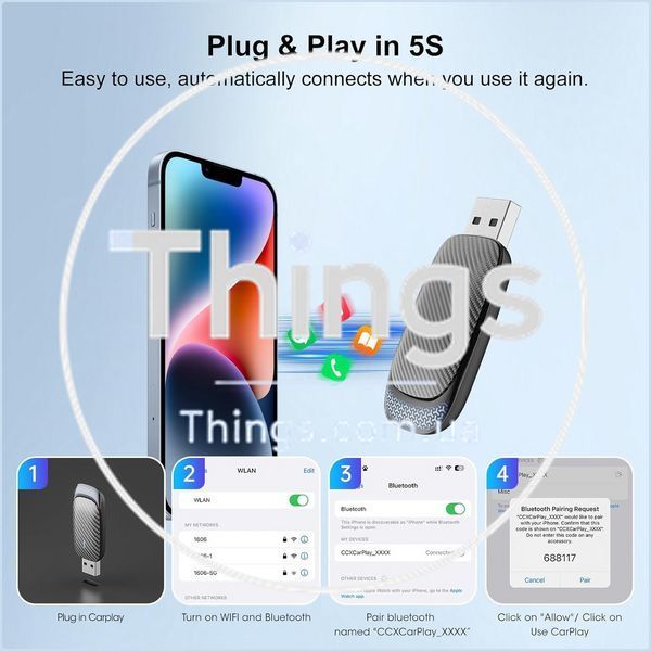 Адаптер FEisca CP-01x, Wireless CarPlay для iPhone, Bluetooth 5.3, WiFi 2.4/5.8G, A9, Plug & Play, черный K1-000838 фото