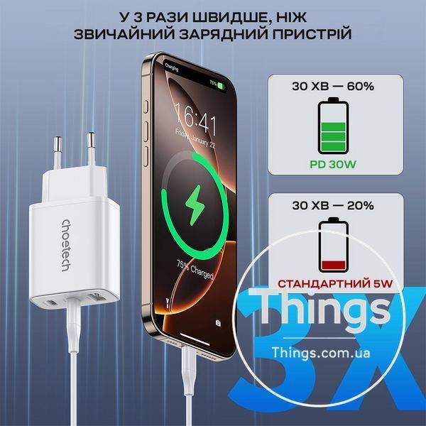 Мережевий зарядний пристрій Choetech PD3046 PD30W GAN USB-A+2xUSB-C White K3-43-00170 фото