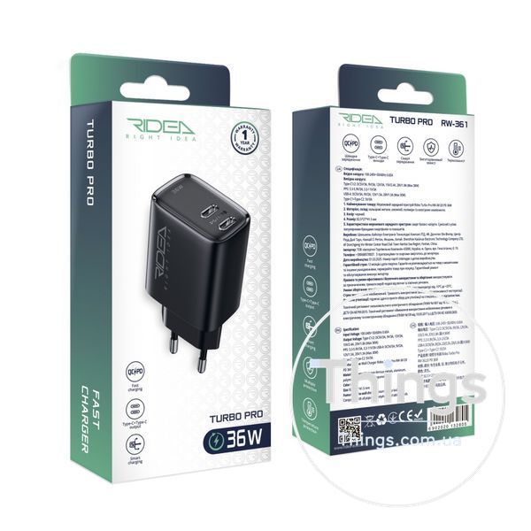 Мережевий Зарядний Пристрій Ridea RW-36120 Turbo Pro 2USB-C QC/PD 36W Од1-00046171 фото