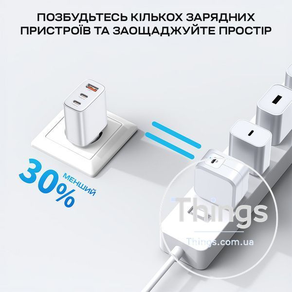 Мережевий зарядний пристрій Choetech PD3046 PD30W GAN USB-A+2xUSB-C White K3-43-00170 фото