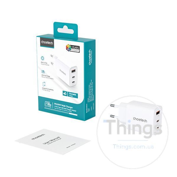 Мережевий зарядний пристрій Choetech PD3046 PD30W GAN USB-A+2xUSB-C White K3-43-00170 фото