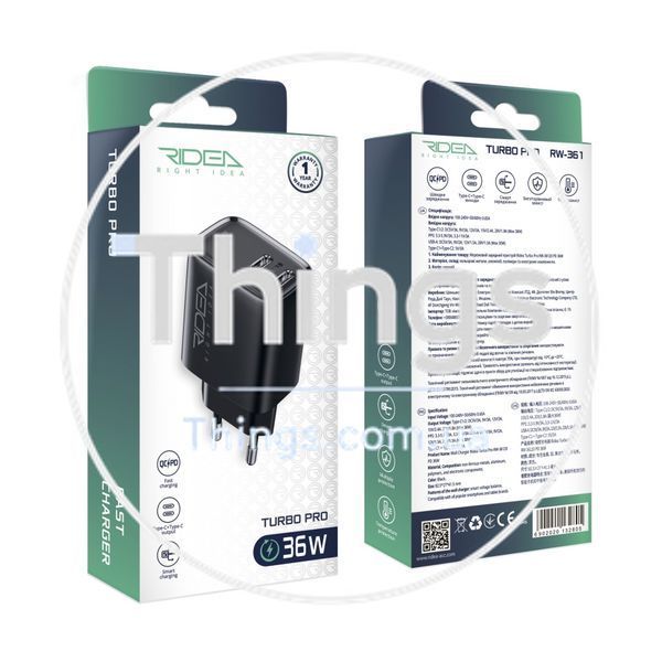 Мережевий Зарядний Пристрій Ridea RW-36120 Turbo Pro 2USB-C QC/PD 36W Од1-00046171 фото