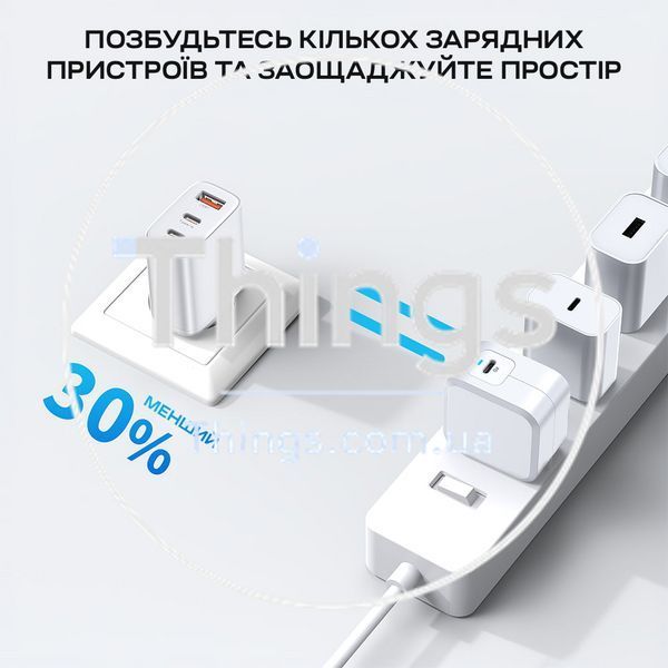 Мережевий зарядний пристрій Choetech PD3046 PD30W GAN USB-A+2xUSB-C White K3-43-00170 фото