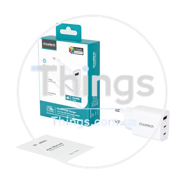 Мережевий зарядний пристрій Choetech PD3046 PD30W GAN USB-A+2xUSB-C White K3-43-00170 фото