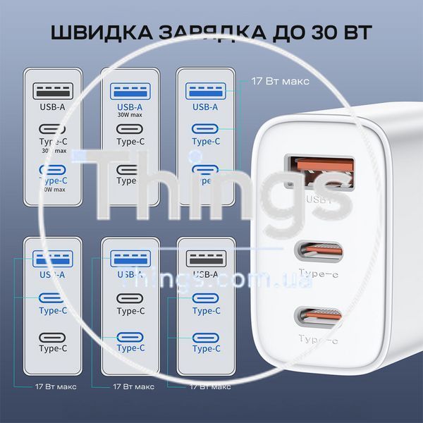 Мережевий зарядний пристрій Choetech PD3046 PD30W GAN USB-A+2xUSB-C White K3-43-00170 фото