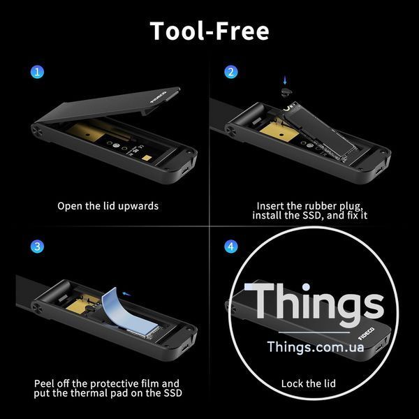 Корпус для m2 FIDECO nvme ssd usb 32 gen 2 10gbps usb c sandwich стиль безінструментальна установка m, m-b key чорний K1-000729 фото