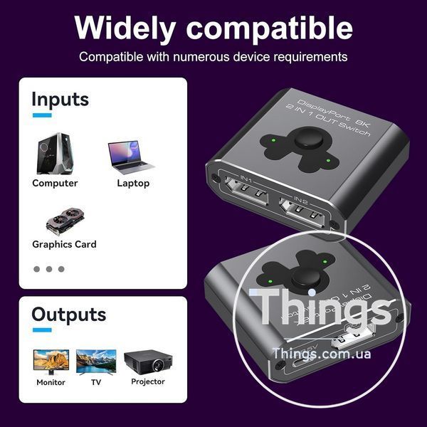 Перемикач DisplayPort XPTSFDU DP1.4 2IN1 Switcher 2&rarr;1, 8K@60Hz, 4K@144Hz, 32.4Gbps, USB живлення K1-000822 фото