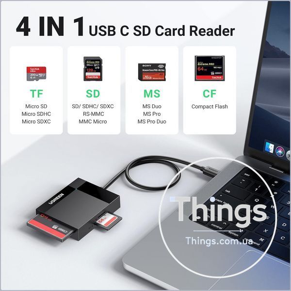 Кардрідер UGREEN (30333) USB 3.0 4-в-1 &mdash; SD / microSD (TF) / CF / MS, до 5 Гбіт/с, чорний K1-000792 фото