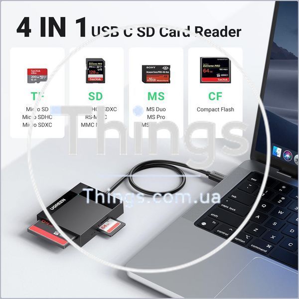 Кардридер UGREEN (30333) USB 3.0 4-в-1 - SD / microSD (TF) / CF / MS, до 5 Гбит/с, черный K1-000792 фото