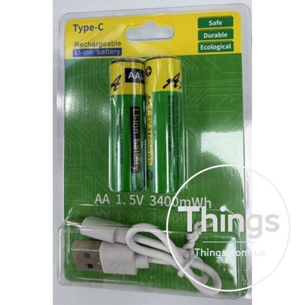 Акумуляторні батарейки AA (Li-ion) 3400 mAh із роз&rsquo;ємом Type-C, комплект 2 шт К2-000081509 фото